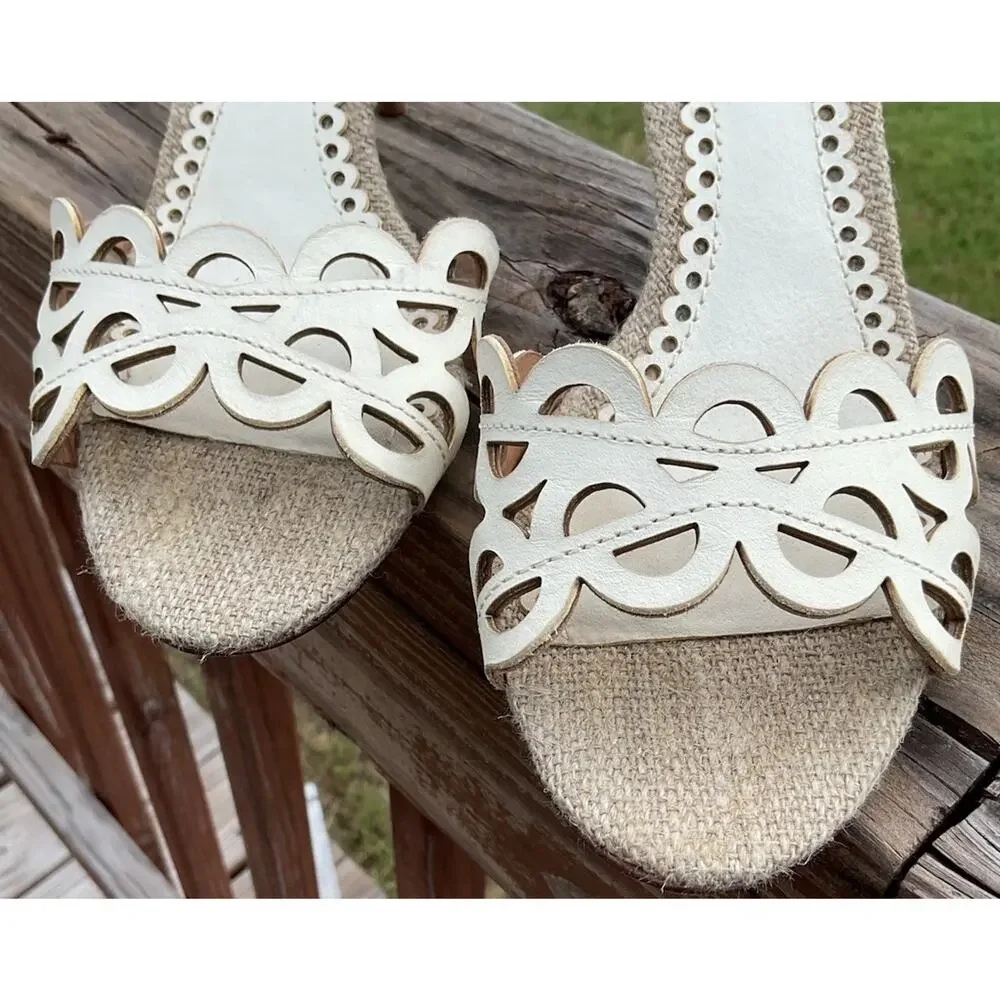 Tory Burch Women 8.5 Raffia Peep Toe Slingback Stiletto Heels Ivory Laser Cut